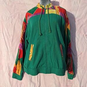 Vintage Abstract Windbreaker Oversized XL Kelly Green Track Jacket 80s 90s Zip